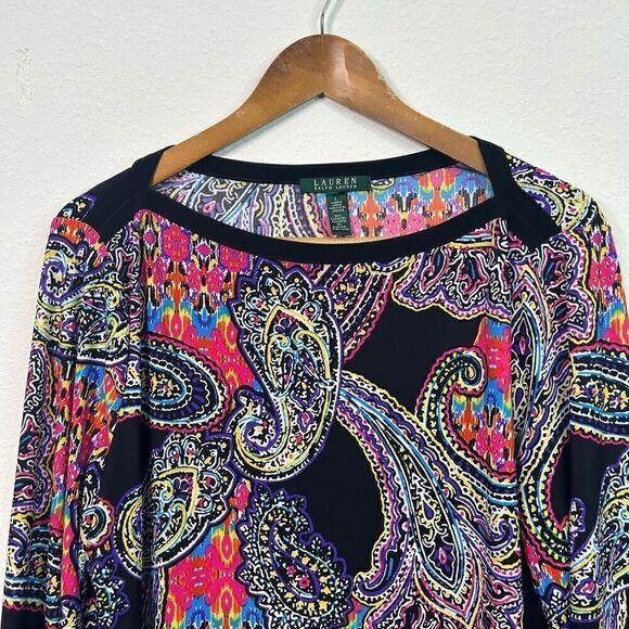 Lauren Ralph Lauren Multicolor Colorful Paisley Boat Neck Swing Top Size L - Picture 2 of 13